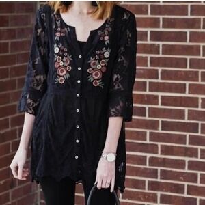 Kyla Seo Tunic Women L Black Lace Floral Embroidered Sheer Whimsigoth Witchy Top